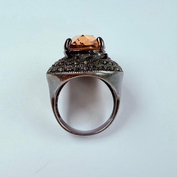 Art Deco Revival 5.5 CT Champagne Orange Quartz & Marcasite Sterling Silver Ring - Picture 4 of 12
